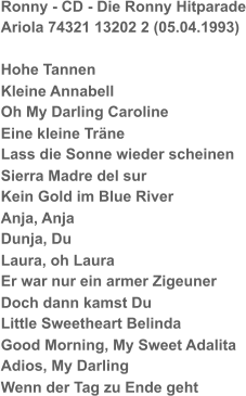 Ronny - CD - Die Ronny Hitparade Ariola 74321 13202 2 (05.04.1993) Hohe Tannen Kleine Annabell Oh My Darling Caroline Eine kleine Träne Lass die Sonne wieder scheinen Sierra Madre del sur Kein Gold im Blue River Anja, Anja Dunja, Du Laura, oh Laura Er war nur ein armer Zigeuner Doch dann kamst Du Little Sweetheart Belinda Good Morning, My Sweet Adalita Adios, My Darling Wenn der Tag zu Ende geht