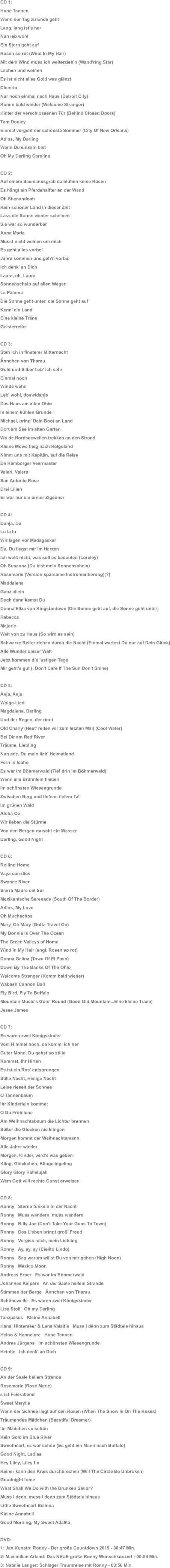 CD 1: Hohe Tannen Wenn der Tag zu Ende geht Lang, lang ist's her Nun leb wohl Ein Stern geht auf Rosen so rot (Wind In My Hair) Mit dem Wind muss ich weiterzieh'n (Wand'ring Star) Lachen und weinen Es ist nicht alles Gold was glänzt Cheerio Nur noch einmal nach Haus (Detroit City) Komm bald wieder (Welcome Stranger) Hinter der verschlossenen Tür (Behind Closed Doors) Tom Dooley Einmal vergeht der schönste Sommer (City Of New Orleans) Adios, My Darling Wenn Du einsam bist Oh My Darling Caroline CD 2: Auf einem Seemannsgrab da blühen keine Rosen Es hängt ein Pferdehalfter an der Wand Oh Shenandoah Kein schöner Land in dieser Zeit Lass die Sonne wieder scheinen Sie war so wunderbar Anna Maria Musst nicht weinen um mich Es geht alles vorbei Jahre kommen und geh'n vorbei Ich denk' an Dich Laura, oh, Laura Sonnenschein auf allen Wegen La Paloma Die Sonne geht unter, die Sonne geht auf Kenn' ein Land Eine kleine Träne Geisterreiter CD 3: Steh ich in finsterer Mitternacht Ännchen von Tharau Gold und Silber lieb' ich sehr Einmal noch Winde wehn Leb' wohl, doswidanja Das Haus am alten Ohio In einem kühlen Grunde Michael, bring' Dein Boot an Land Dort am See im alten Garten Wo de Nordseewellen trekken an den Strand Kleine Möwe flieg nach Helgoland Nimm uns mit Kapitän, auf die Reise De Hamborger Veermaster Valeri, Valera San Antonio Rose Drei Lilien Er war nur ein armer Zigeuner CD 4: Dunja, Du Lu la lu Wir lagen vor Madagaskar Du, Du liegst mir im Herzen Ich weiß nicht, was soll es bedeuten (Loreley) Oh Susanna (Du bist mein Sonnenschein) Rosemarie (Version sparsame Instrumentierung)(?) Maddalena Ganz allein Doch dann kamst Du Donna Eliza von Kingstontown (Die Sonne geht auf, die Sonne geht unter) Rebecca Majorie Weit von zu Haus (So wird es sein) Schwarze Reiter ziehen durch die Nacht (Einmal wartest Du nur auf Dein Glück) Alle Wunder dieser Welt Jetzt kommen die lustigen Tage Mir geht's gut (I Don't Care If The Sun Don't Shine) CD 5: Anja, Anja Wolga-Lied Magdalena, Darling Und der Regen, der rinnt Old Charly (Heut' reiten wir zum letzten Mal) (Cool Water) Bei Dir am Red River Träume, Liebling Nun ade, Du mein lieb' Heimatland Fern in Idaho Es war im Böhmerwald (Tief drin im Böhmerwald) Wenn alle Brünnlein fließen Im schönsten Wiesengrunde Zwischen Berg und tiefem, tiefem Tal Im grünen Wald Aloha Oe Wir lieben die Stürme Von den Bergen rauscht ein Wasser Darling, Good Night CD 6: Rolling Home  Vaya con dios Swanee River Sierra Madre del Sur Mexikanische Serenade (South Of The Border) Adios, My Love Oh Muchachos  Mary, Oh Mary (Gotta Travel On) My Bonnie Is Over The Ocean The Green Valleys of Home Wind In My Hair (engl. Rosen so rot) Donna Gelina (Town Of El Paso) Down By The Banks Of The Ohio Welcome Stranger (Komm bald wieder) Wabash Cannon Ball Fly Bird, Fly To Buffalo Mountain Music's Goin' Round (Good Old Mountain...Eine kleine Träne) Jesse James CD 7: Es waren zwei Königskinder Vom Himmel hoch, da komm' ich her Guter Mond, Du gehst so stille Kommet, Ihr Hirten Es ist ein Ros' entsprungen Stille Nacht, Heilige Nacht Leise rieselt der Schnee O Tannenbaum Ihr Kinderlein kommet O Du Fröhliche Am Weihnachtsbaum die Lichter brennen Süßer die Glocken nie klingen Morgen kommt der Weihnachtsmann Alle Jahre wieder Morgen, Kinder, wird's was geben Kling, Glöckchen, Klingelingeling Glory Glory Hallelujah Wem Gott will rechte Gunst erweisen CD 8: Ronny   Sterne funkeln in der Nacht Ronny   Muss wandern, muss wandern  Ronny   Billy Joe (Don't Take Your Guns To Town) Ronny   Das Lieben bringt groß' Freud Ronny   Vergiss mich, mein Liebling  Ronny   Ay, ay, ay (Cielito Lindo) Ronny   Sag warum willst Du von mir gehen (High Noon) Ronny   Mexico Moon Andreas Erber   Es war im Böhmerwald Johannes Kalpers   An der Saale hellem Strande Stimmen der Berge   Ännchen von Tharau Schöneweile   Es waren zwei Königskinder Lisa Stoll   Oh my Darling Tanzpalais   Kleine Annabell Hansi Hinterseer & Lena Valaitis   Muss i denn zum Städtele hinaus Heino & Hannelore   Hohe Tannen Andrea Jürgens   Im schönsten Wiesengrunde Heintje   Ich denk' an Dich CD 9: An der Saale hellem Strande Rosemarie (Rose Marie) s ist Feierabend Sweet Marylie Wenn der Schnee liegt auf den Rosen (When The Snow Is On The Roses) Träumendes Mädchen (Beautiful Dreamer) Ihr Mädchen so schön Kein Gold im Blue River Sweetheart, es war schön (Es geht ein Mann nach Buffalo) Good Night, Ladies Hey Liley, Liley Lo Keiner kann den Kreis durchbrechen (Will The Circle Be Unbroken) Goodnight Irene What Shall We Do with the Drunken Sailor? Muss i denn, muss i denn zum Städtele hinaus Little Sweetheart Belinda Kleine Annabell Good Morning, My Sweet Adalita DVD: 1: Jan Kunath: Ronny - Der große Countdown 2019 - 00:47 Min. 2: Maximilian Arland: Das NEUE große Ronny Wunschkonzert - 00:56 Min. 3: Natalie Langer: Schlager Traumreise mit Ronny - 00:56 Min